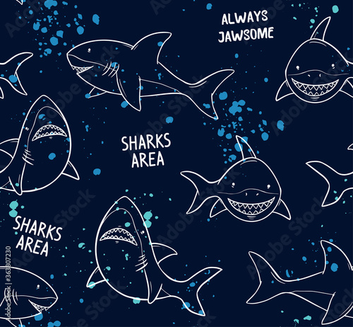 Vector seamless  pattern with hand drawn sharks.