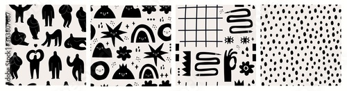 Hand drawn various Shapes, objects, dots, shadows. Abstract contemporary modern trendy Vector illustrations. Set of four Seamless Patterns, Backgrounds, Wallpapers. Black monochrome concept