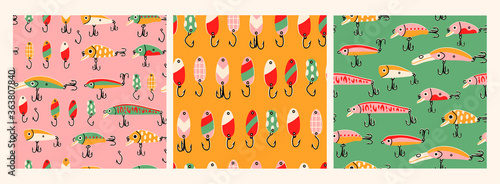 Various Fishing Lures. Different Spoons, Wobblers: crank, popper and minnow. Hand drawn colored Vector illustrations. Set of three Seamless patterns. Backgrounds, wallpapers. Square repeating design