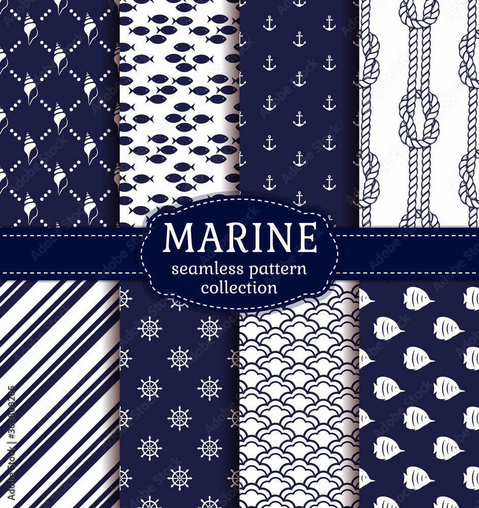 Obraz premium Sea and nautical seamless patterns set.