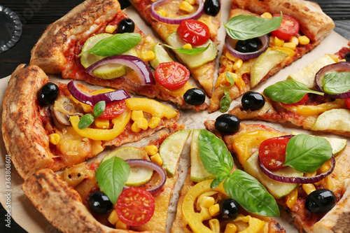 Delicious fresh vegetable pizza on table, closeup