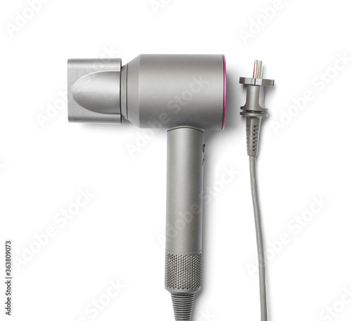 Fotografía Modern hair dryer on white background, top view