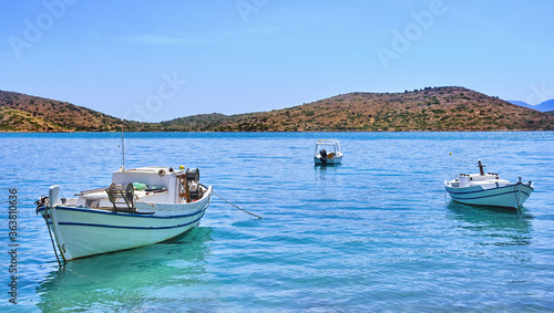 View of lagoon with anchored fishermen s boats on a sunny summer day on Crete island  Greece