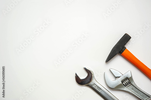 Tools on the white background, flat lay 5 photo