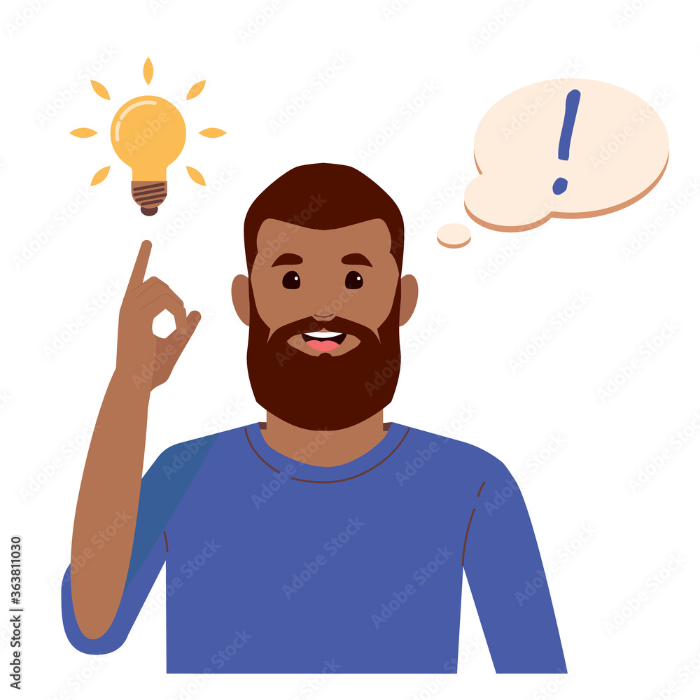 Problem solving concept. Black beard man thinks and solves a problem. A luminous bulb as symbol of the appearance of a creative idea. Cartoon flat illustration isolated on white background. Problem solving concept. Black beard man thinks and solves a problem. A luminous bulb as symbol of the appearance of a creative idea. Cartoon flat illustration isolated on white background.