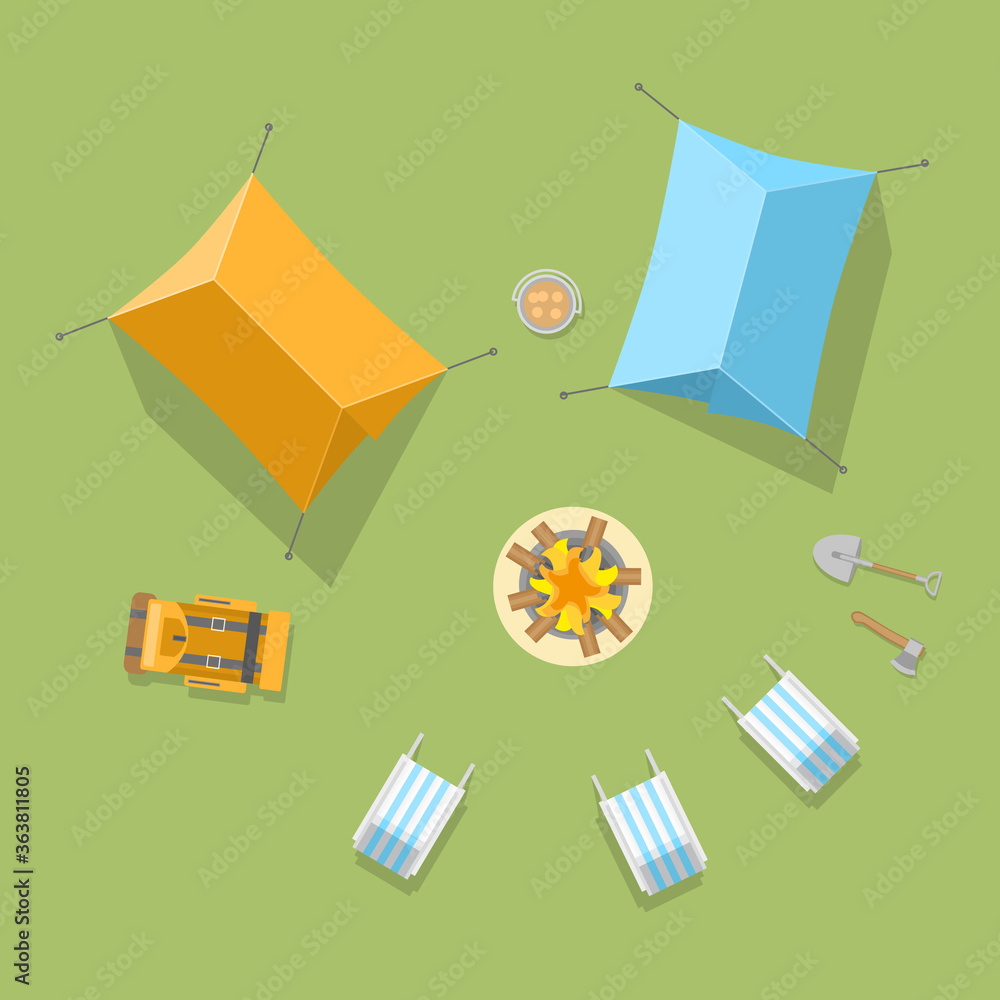 Vector illustration. Camping with a tents and campfire. Top view. 素材庫向量圖|  Adobe Stock