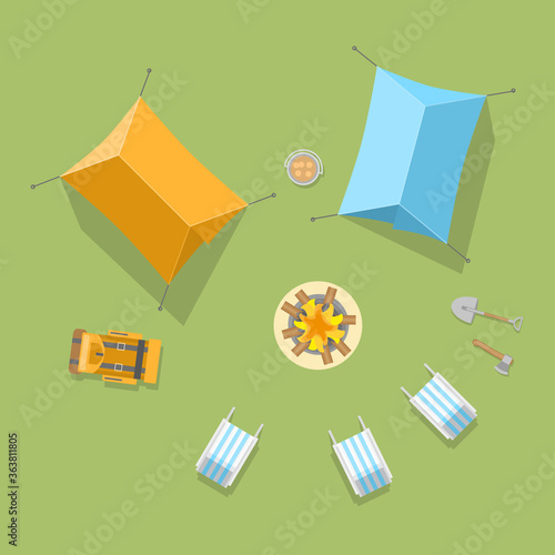 Vector illustration. Camping with a tents  and campfire. Top view. 