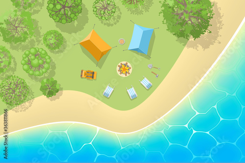 Vector illustration. Camping with tents and a fire on the beach. Top view.