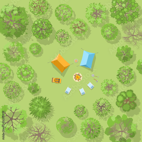 Vector illustration. Camp with tents and a fire in the forest. Top view.