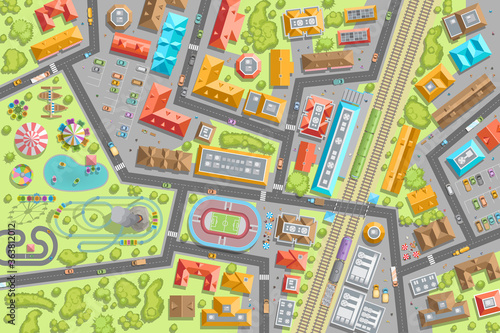 Vector illustration. City view from above. Streets, houses, buildings, roads, crossroads, park, station, stadium, trees, cars. (top view) 