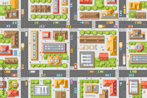 Vector illustration. City top view. Streets, houses, buildings, roads, crossroads,  trees, cars. (view from above) 