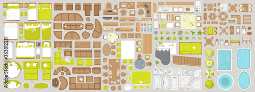 Icons set of interior. Furniture top view. Elements for the floor plan. (view from above). Furniture and elements for living room, bedroom, kitchen, bathroom, office.
