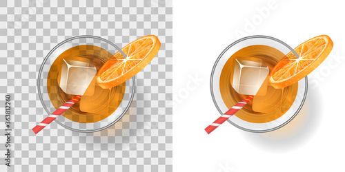 Cocktail in a glass with ice on a transparent background. Top view. A glass of drink and ice.