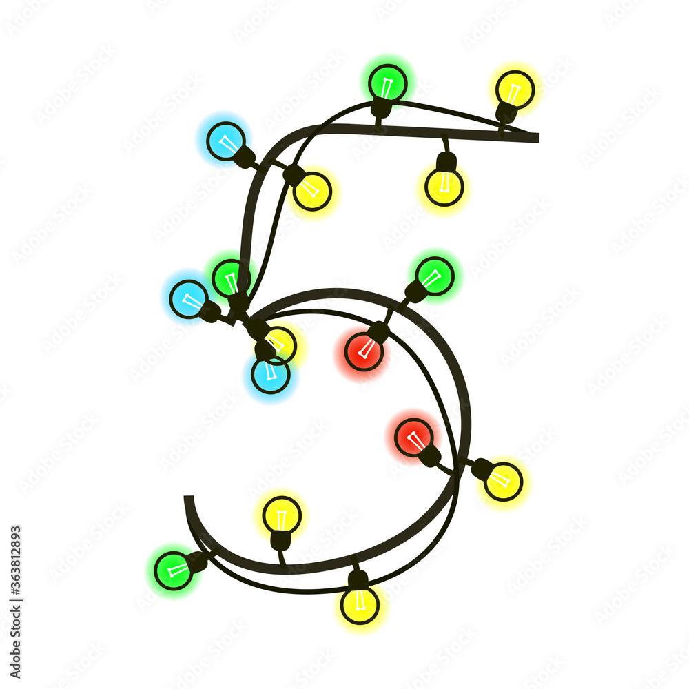 Christmas digit 5 from garland isolated on white. Colored light bulbs on wires. Handwritten font for text or logo. Vector EPS 10. Christmas digit 5 from garland isolated on white. Colored light bulbs on wires. Handwritten font for text or logo. Vector EPS 10.