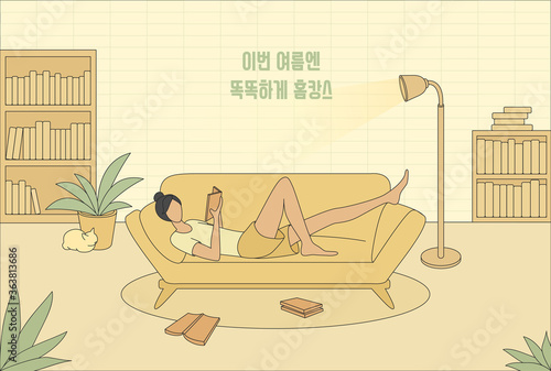 woman lies on the sofa and reads a book, Meaning of Korean : I lie down and read a book
