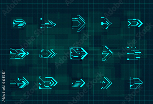 Set of futuristic HUD blue arrows. Cyberpunk arrows design for flyer, banner, cover, card, web and for game UI design. Digital hi-tech style pointers. Vector