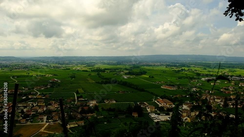 View of Piave area between Prealps and Montello hill with green Prosecco vineyards