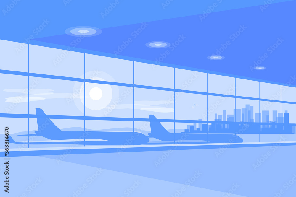 Empty airport terminal gate waiting hall in perspective view. Modern departure interior with big window, airplanes, city skyline in background. Blue mood concept vector graphic element illustration.