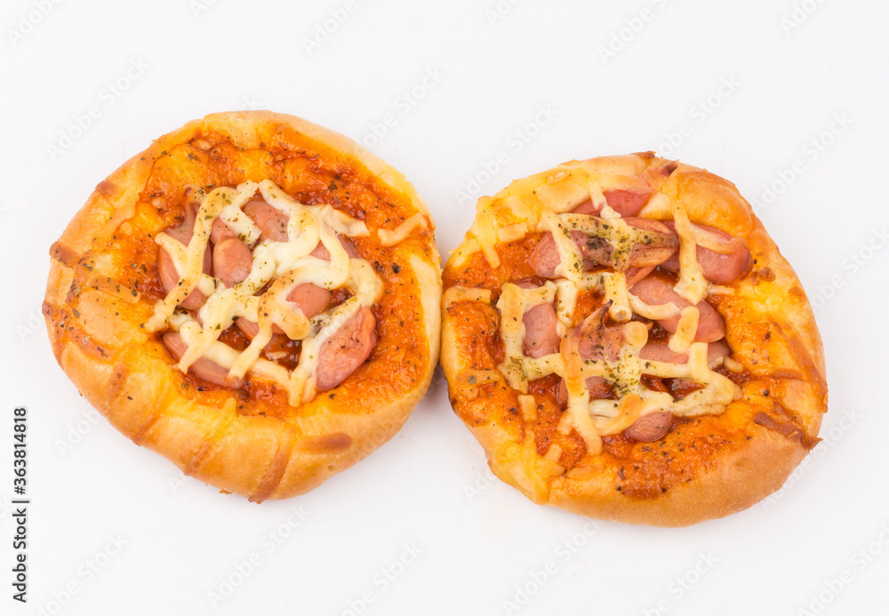 Delicious pizza with cheese hotdog on white Delicious pizza with cheese hotdog on white