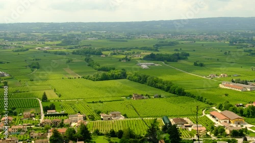 View of Piave area between Prealps and Montello hill with green Prosecco vineyards