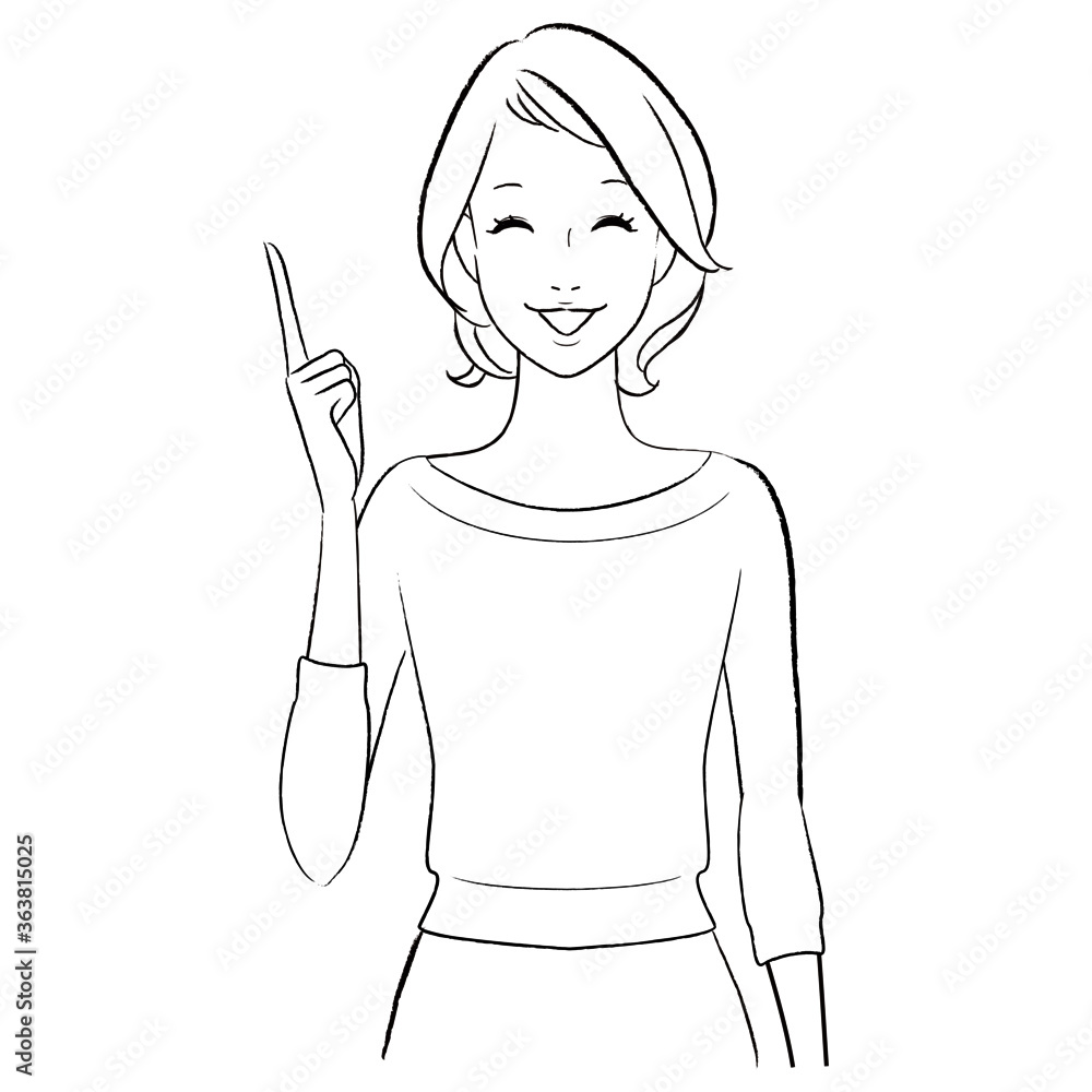 笑顔の指差し女性　線画