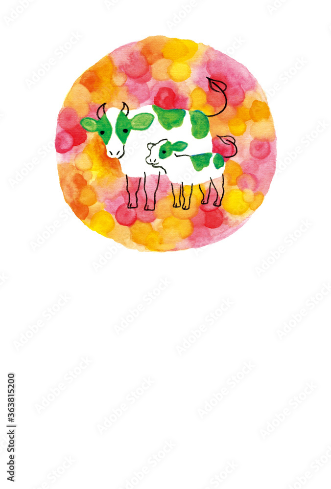 お花畑にいるウシの親子のイラスト お花畑にいるウシの親子のイラスト