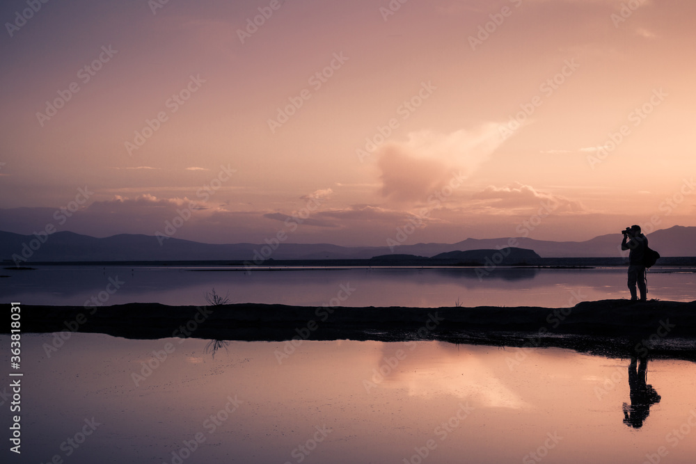 Sunset at the artificial lake of Karla, in the Greek region of Thessaly, between the cities of Larissa and Volos.