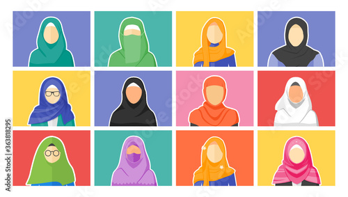 Aesthetic Cute Hijab Girl DP or Display Picture Avatar Set. Beautiful Muslim Woman Hijabi Cartoon Profile Pic Collection.  