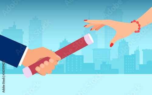 Vector of a business man passing relay baton to a businesswoman