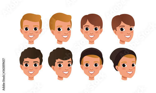 Male Heads Set, Smiling Boys Characters with Various Hairstyles, Frontal, Profile, Three Quarter Turn View Cartoon Style Vector Illustration