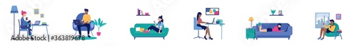 Vector of people, men and women working on laptops and computers at home. People at home in quarantine.
