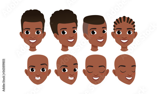 Male Heads Set, Cheerful African American Boys Characters with Various Hairstyles, Frontal, Profile, Three Quarter Turn View Cartoon Style Vector Illustration