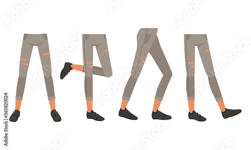 Human Legs in Ripped Jeans and Shoes in Various Poses Set, Male or Female Body Part, Constructor for Animation Cartoon Style Vector Illustration
