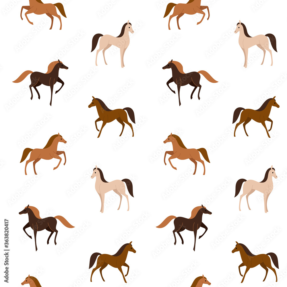Obraz premium Cartoon happy animal - simple trendy pattern with different type of horse. Flat illustration for prints, clothing, packaging and postcards. 