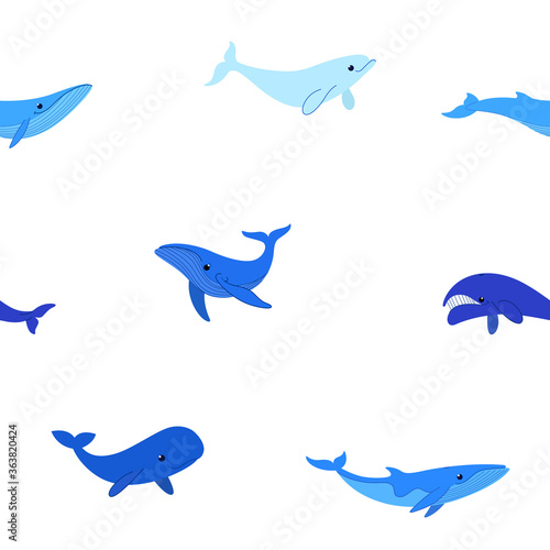 Simple seamless trendy animal pattern with different type of whale - sperm whale  blue whale  humpback whale  polar whale  beluga.