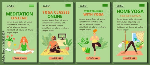 Set of 4 mobile app page templates. Mobile version of the Home yoga and pilates site. Girls in tracksuits doing asana and meditation with a trainer online. Stock vector flat illustration.