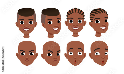 Male Heads Set, Face of African American Boy with Various Hairstyles, Frontal, Profile, Three Quarter Turn View Cartoon Style Vector Illustration