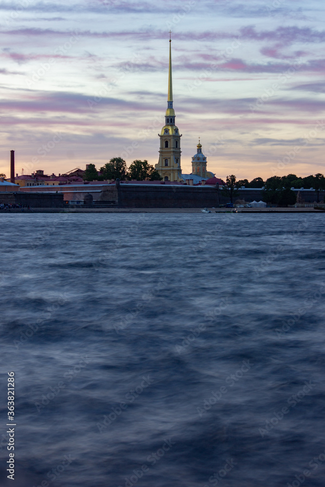 St. Petersburg, Neva River view of the Peter and Paul Fortress from the shore. Sunset in petersburg.