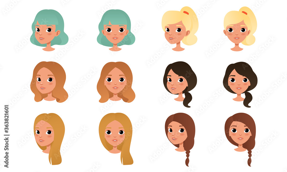 Heads of Cute Girls Set, Beautiful Female Characters with Various Hairstyles  Cartoon Style Vector Illustration Stock Vector | Adobe Stock