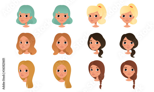 Heads of Cute Girls Set, Beautiful Female Characters with Various Hairstyles Cartoon Style Vector Illustration