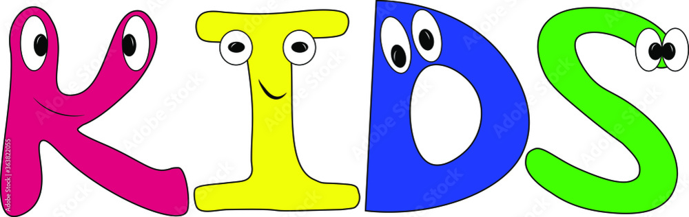 Bright children's font-the word KIDS in multicolored letters. Cartoon letters with eyes. Emotional lettering. Funny