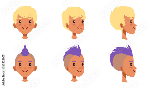 Male Heads Set, Caucasian Boy Characters with Various Hairstyles, Frontal, Profile, Three Quarter Turn View Cartoon Style Vector Illustration