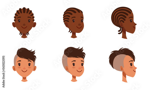 Male Heads Set, Cheerful Boys Characters with Various Hairstyles, Frontal, Profile, Three Quarter Turn View Cartoon Style Vector Illustration