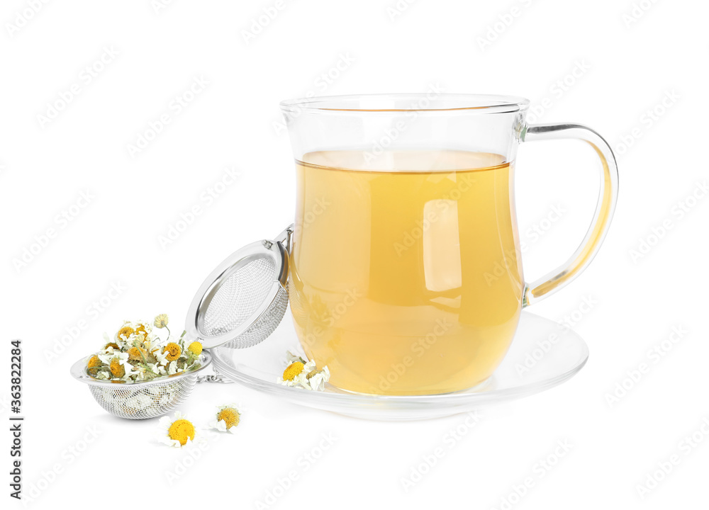 Fresh chamomile tea and dry flowers in infuser isolated on white