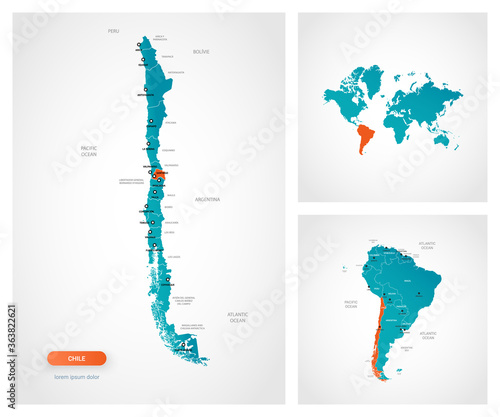 Editable template of map of Chile with marks. Chile on world map and on South America map.