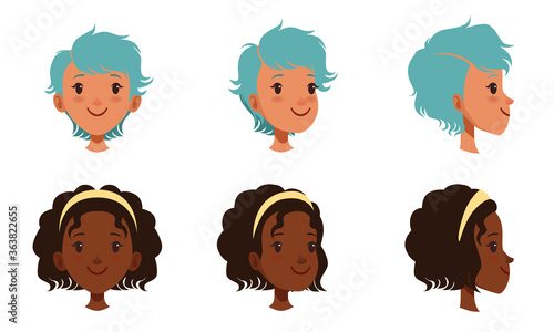 Female Heads Set, Frontal, Profile, Cheerful Caucasian and African American Teenage Girls Characters, Three Quarter Turn View Cartoon Style Vector Illustration