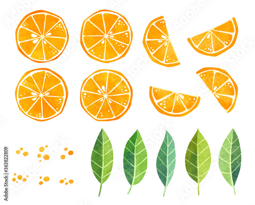 Watercolor orange fruit half slice, leaves and splashes clipart bundle. Citrus collection isolated stylized clip art large set, hand drawn stock illustration for juice pack design. Tropical fruits