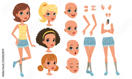 Cute Girl Constructor for Animation, Pretty Female Character in Various Poses and Hairstyles, Separate Girl Body Parts Collection Cartoon Style Vector Illustration photo