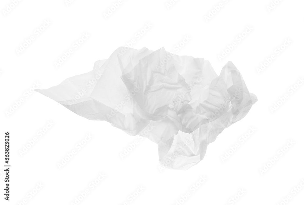 Used crumpled paper tissue isolated on white, top view