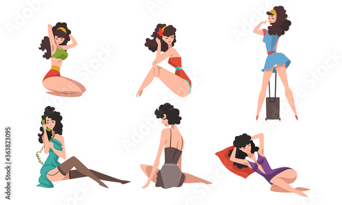 Seductive Girls Set, Beautiful Brunette Sensual Young Women in Lingerie Cartoon Style Vector Illustration